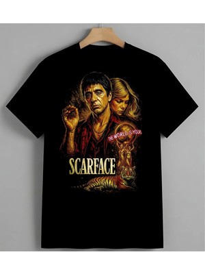 Scarface Film Posteri Turuncu Baskılı Unisex Erkek Kadın Oversize Tişört Siyah
