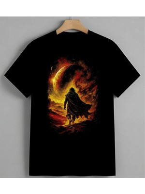 Ates Ruh Fantezi Sanat Alev Baskılı Unisex Erkek Kadın Oversize Tişört Siyah