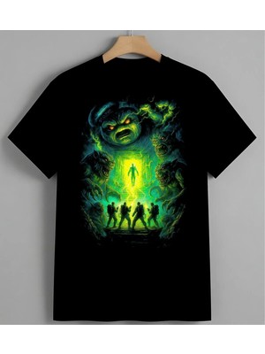 Uzayli Isgali Neon Kapisi Unisex Erkek Kadın Oversize Tişört Siyah
