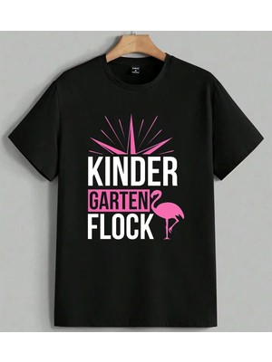Garten Flamingo Pembe Logo Baskılı Unisex Erkek Kadın Oversize Tişört Siyah