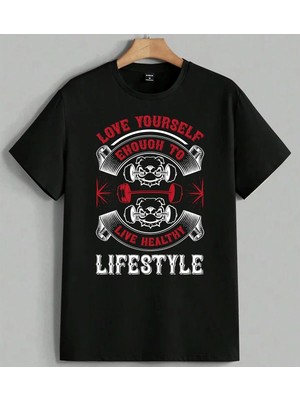 Love Yourself Dumbbel Spor Baskılı Unisex Erkek Kadın Oversize Tişört Siyah