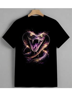 Yilan Ilustrasyon Renkli Sanat Unisex Erkek Kadın Oversize Tişört Siyah