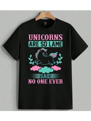 Unicorns Lame Mizah Baski Baskılı Unisex Erkek Kadın Oversize Tişört Siyah