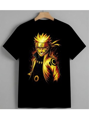 Naruto Uzumaki Anime Karakter Unisex Erkek Kadın Oversize Tişört Siyah