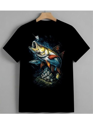 Balik Cizimi Suluboya Sanat Syh Unisex Erkek Kadın Oversize Tişört Siyah
