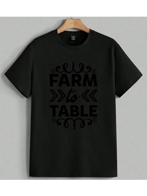 Farm To Table Beslenme Rustik Baskılı Unisex Oversize Tişört Siyah