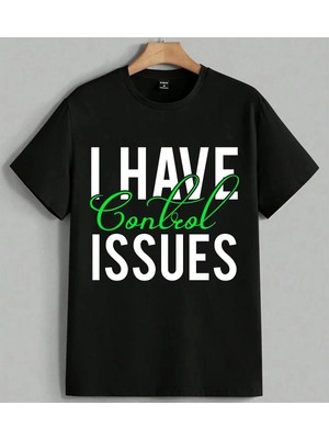 Control Yesil Yazi Logo Baskılı Unisex Erkek Kadın Oversize Tişört Siyah