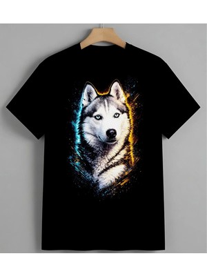 Husky Kopek Sulu Boya Sanat Syh Unisex Erkek Kadın Oversize Tişört Siyah