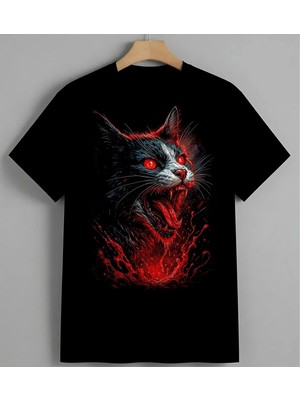 Kizil Kedi Soyut Sanat Kalem Unisex Erkek Kadın Oversize Tişört Siyah