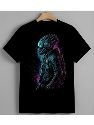 Robot Uzayli Neon Mavi Pembe Baskılı Unisex Erkek Kadın Oversize Tişört Siyah
