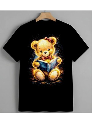 Kiz Ayi Kitap Okuma Sulu Boya Unisex Erkek Kadın Oversize Tişört Siyah