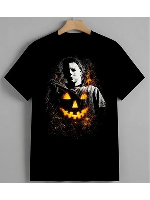 Halloween Sanat Turuncu Jack Syh Unisex Erkek Kadın Oversize Tişört Siyah