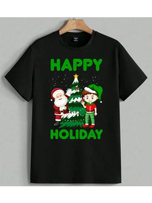 Mutlu Noeller Noel Baba Cocuk Baskılı Unisex Erkek Kadın Oversize Tişört Siyah
