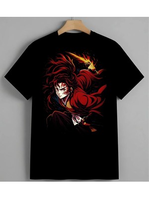 Kiz Anime Kirmizi Sac Fantezi Unisex Erkek Kadın Oversize Tişört Siyah