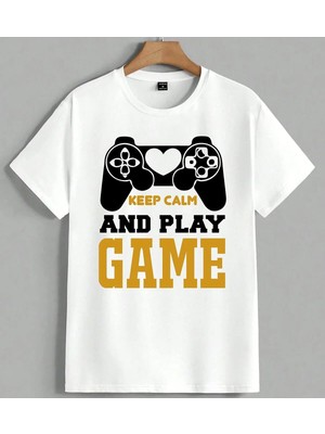 Keep Calm Play Oyun Kumandasi Unisex Oversize Tişört Beyaz