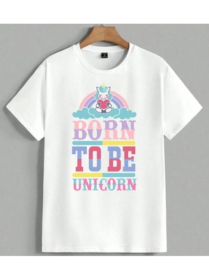 Born To Be Unicorn Renkli Unisex Oversize Tişört Beyaz