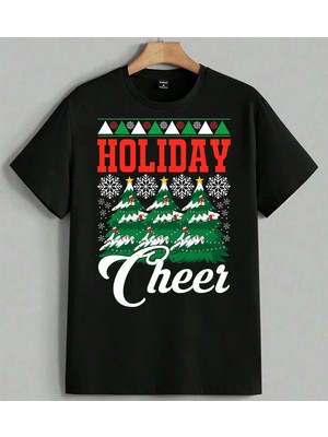 Holiday Tree Noel Tasarimi Baskılı Unisex Erkek Kadın Oversize Tişört Siyah