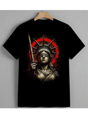 Ozgurluk Heykeli Kilac Kirmizi Unisex Erkek Kadın Oversize Tişört Siyah