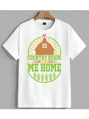Country Roads Ciftlik Evi Unisex Oversize Tişört Beyaz