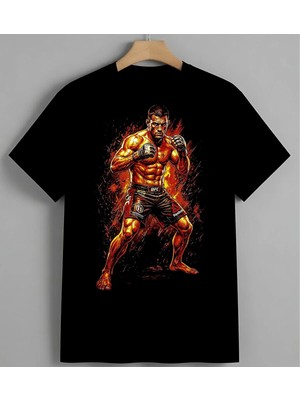 Ates Savasc Neon Illuster Baskılı Unisex Erkek Kadın Oversize Tişört Siyah