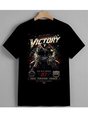 Victory Hiz Yarisi Tasarim Unisex Erkek Kadın Oversize Tişört Siyah