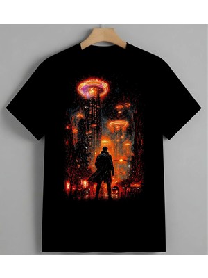 Uzayli Istila Kirmizi Neon Unisex Erkek Kadın Oversize Tişört Siyah
