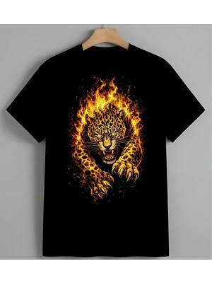 Ates Kaplan Agir Metal Baskılı Unisex Erkek Kadın Oversize Tişört Siyah