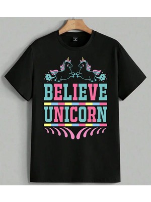 Unicorn Inanic Believe Baskılı Unisex Erkek Kadın Oversize Tişört Siyah
