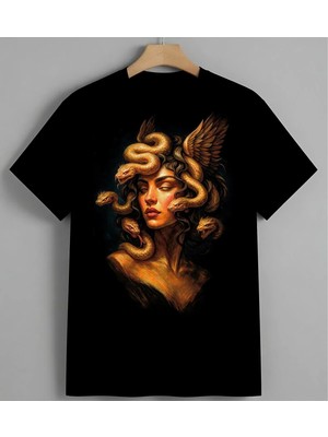 Medusa Yilan Turuncu Yuz Unisex Erkek Kadın Oversize Tişört Siyah