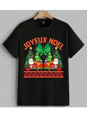 Joyeux Noel Noel Baba Yesil Baskılı Unisex Erkek Kadın Oversize Tişört Siyah