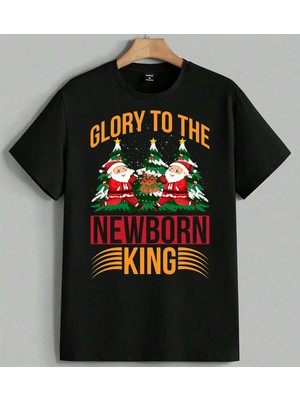 Glory Newborn King Noel Baba Baskılı Unisex Erkek Kadın Oversize Tişört Siyah