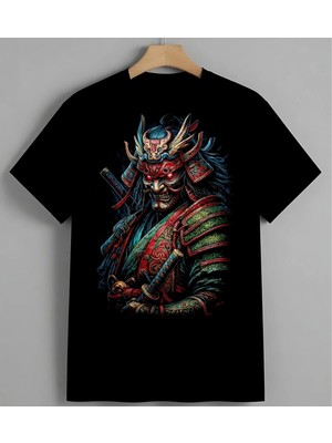 Samurai Zirh Japon Sanat Baskılı Unisex Erkek Kadın Oversize Tişört Siyah