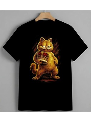Kedi Ilustrasyon Kizil Sarman Unisex Erkek Kadın Oversize Tişört Siyah