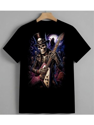 Iskelet Gitar Metal Muzik Syh Unisex Erkek Kadın Oversize Tişört Siyah