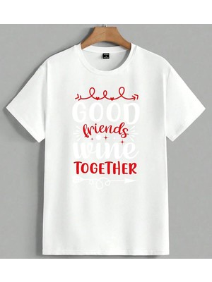 Friends Together Kizil Baski Unisex Oversize Tişört Beyaz