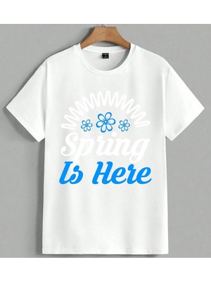 Mavi Cicek Is Here Logo Unisex Oversize Tişört Beyaz