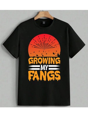 Growing Fangs Turuncu Disler Baskılı Unisex Erkek Kadın Oversize Tişört Siyah