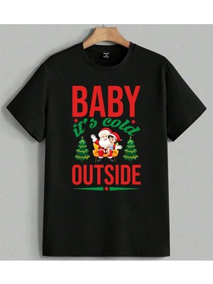 Baby Its Cold Noel Baba Kis Baskılı Unisex Erkek Kadın Oversize Tişört Siyah