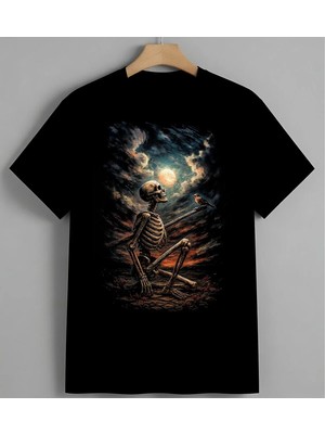 Iskelet Ay Fantezi Sanat Ozel Syh Unisex Oversize Tişört Siyah