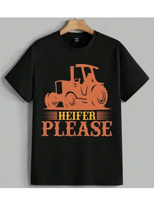 Traktor Surucu Heifer Please Baskılı Unisex Erkek Kadın Oversize Tişört Siyah