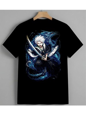 Beyaz Sacli Mavi Enerji Anime Syh Unisex Erkek Kadın Oversize Tişört Siyah