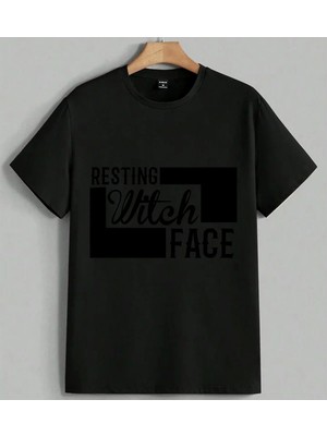 Resting Witch Face Tipografi 2 Baskılı Unisex Erkek Kadın Oversize Tişört Siyah