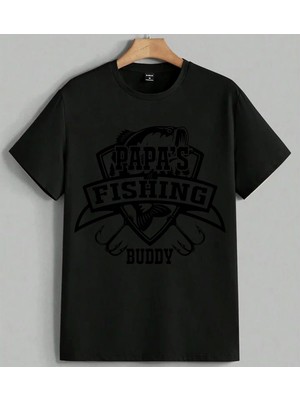 Papas Fishing Balik Av Buddy Baskılı Unisex Erkek Kadın Oversize Tişört Siyah