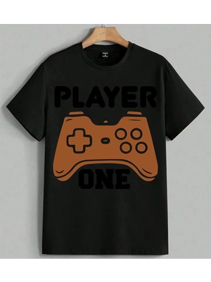 Player One Oyun Kumandasi 2 Baskılı Unisex Erkek Kadın Oversize Tişört Siyah