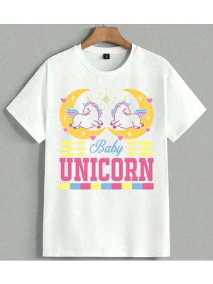 Baby Unicorn Pembe Ay Cocuk Unisex Oversize Tişört Beyaz