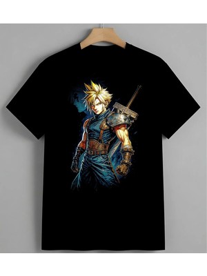 Sari Sac Anime Savasci Baskılı Unisex Erkek Kadın Oversize Tişört Siyah
