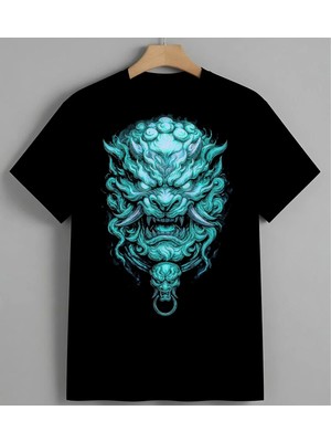 Turquoise Kafatasi Mistik Baskılı Unisex Erkek Kadın Oversize Tişört Siyah