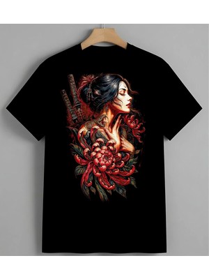 Kiz Portre Kirmizi Cicek Sanat Unisex Erkek Kadın Oversize Tişört Siyah