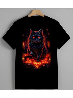 Siyahlk Kedi Sathan Simgesi Baskılı Unisex Erkek Kadın Oversize Tişört Siyah