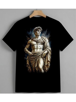 Antik Heykeli Roma Sanati Baskılı Unisex Erkek Kadın Oversize Tişört Siyah